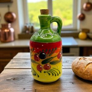 Spanish Oil Pourer. Spanish HNOS PEDRAZ Hand Painted Pottery Pitcher, Oil Jar